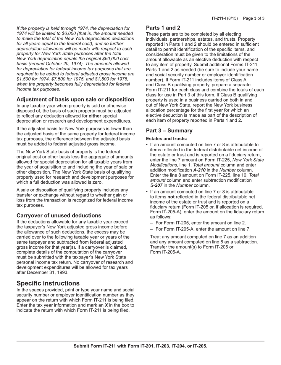 Instructions for Form IT-211 Special Depreciation Schedule - New York, Page 3