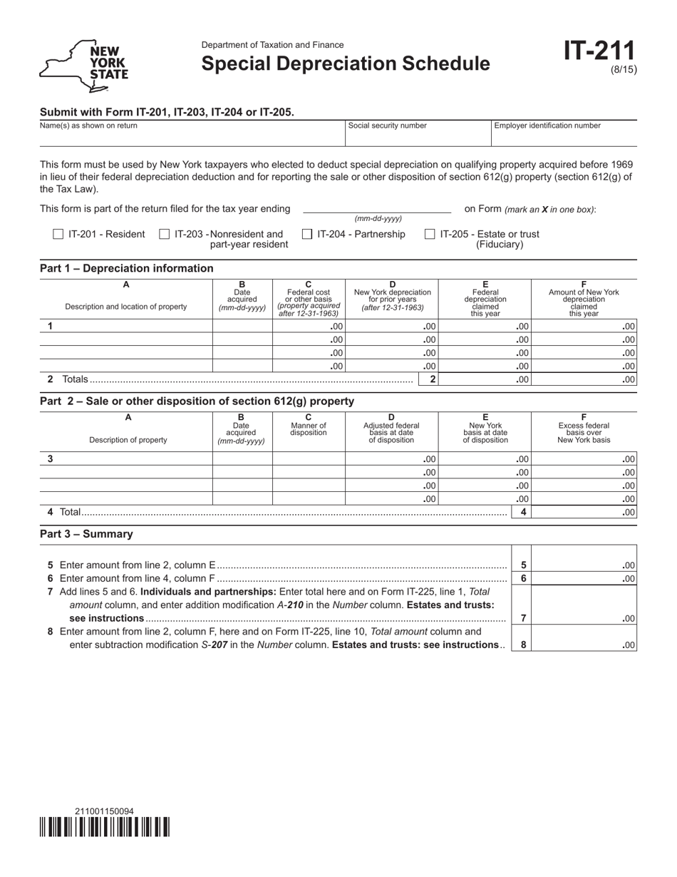 Form IT-211 Special Depreciation Schedule - New York, Page 1