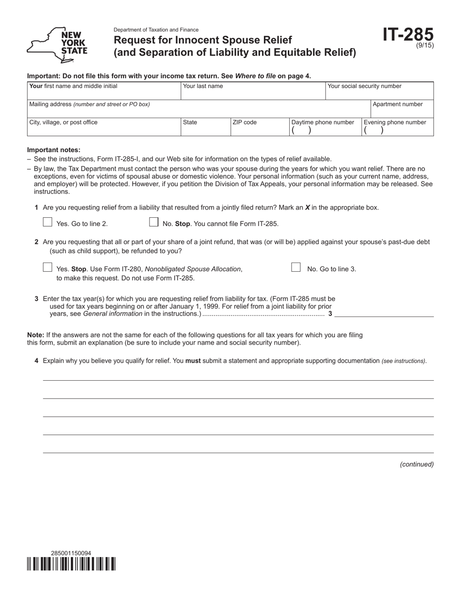 Form IT-285 Request for Innocent Spouse Relief (And Separation of Liability and Equitable Relief) - New York, Page 1