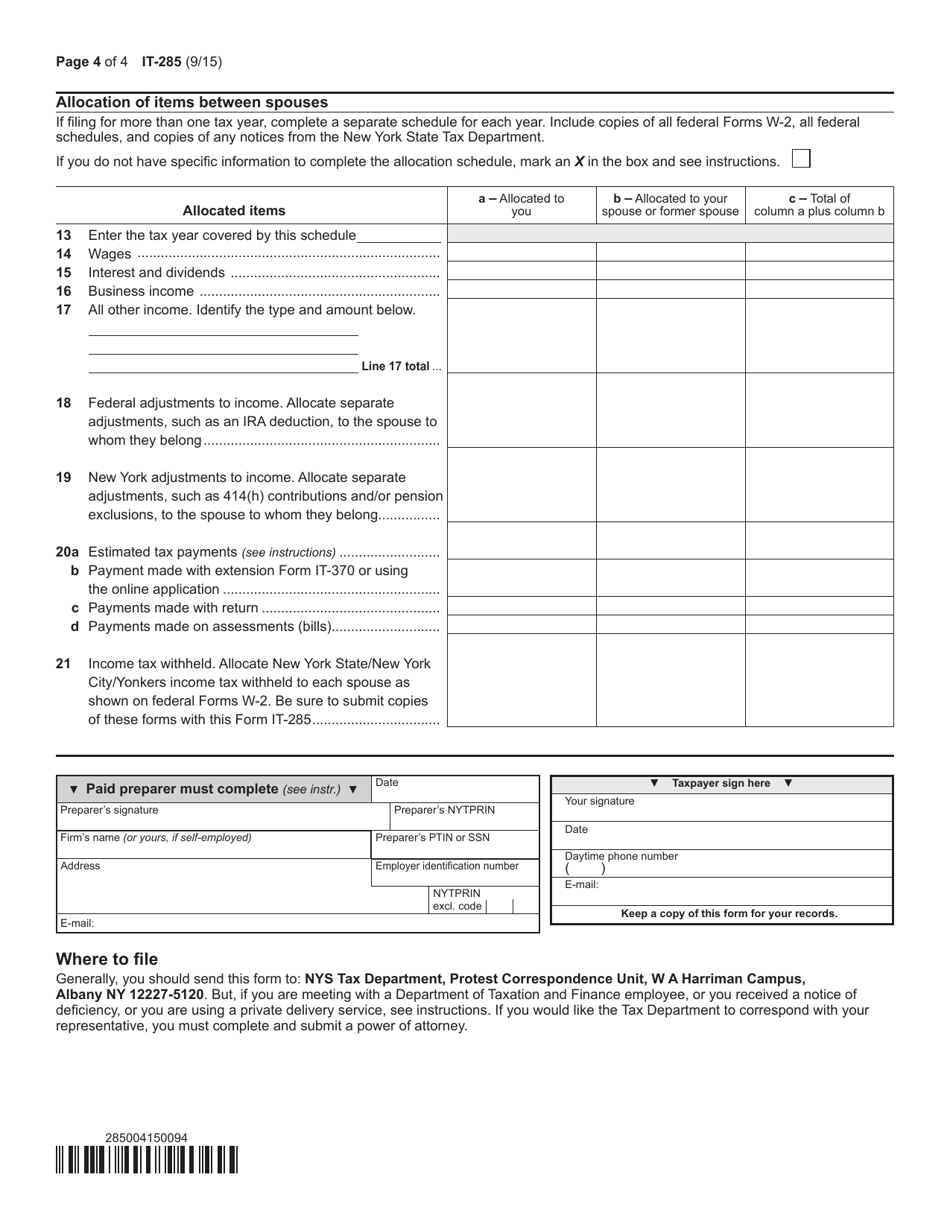 Form IT-285 - Fill Out, Sign Online and Download Fillable PDF, New York ...