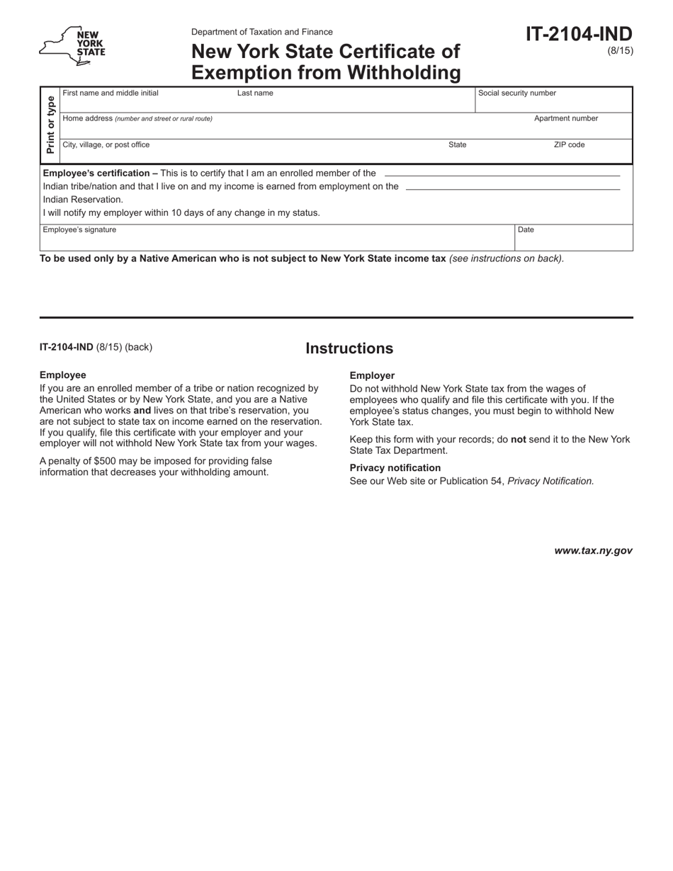 Form IT-2104-IND New York State Certificate of Exemption From Withholding - New York, Page 1