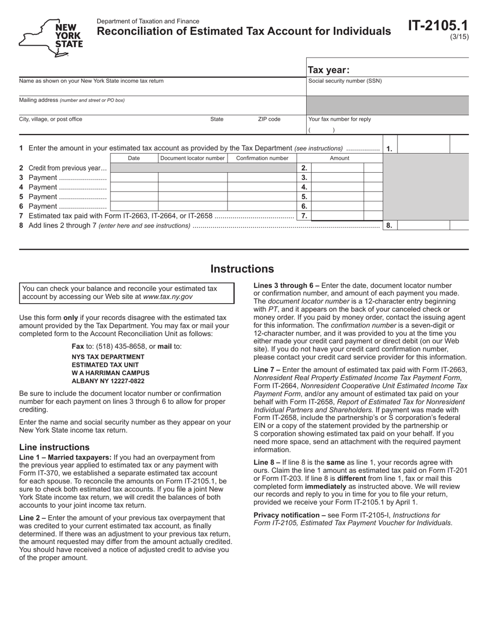 Form IT-2105.1 Reconciliation of Estimated Tax Account for Individuals - New York, Page 1