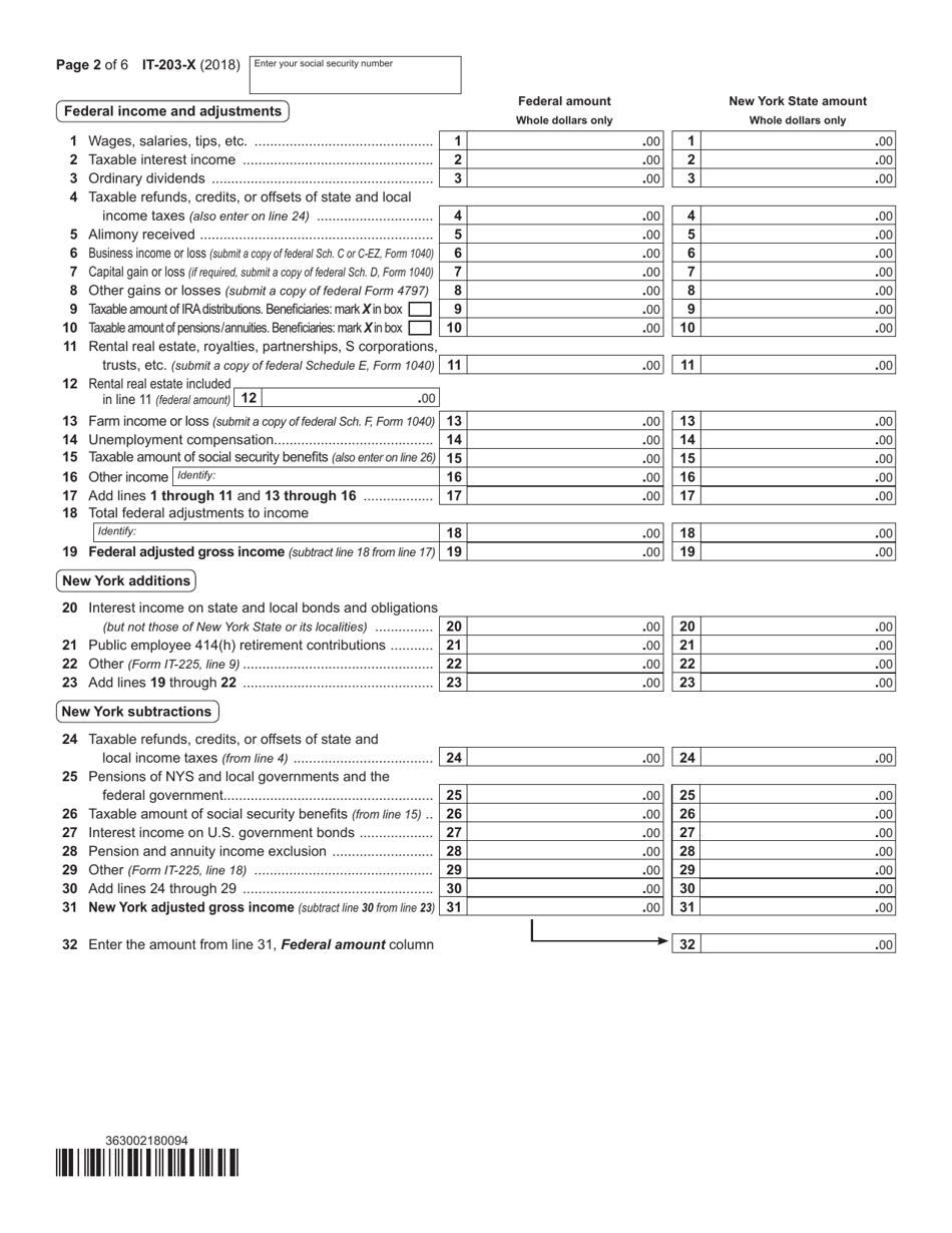Form IT-203-X Amended Nonresident and Part-Year Resident Income Tax Return - New York, Page 2