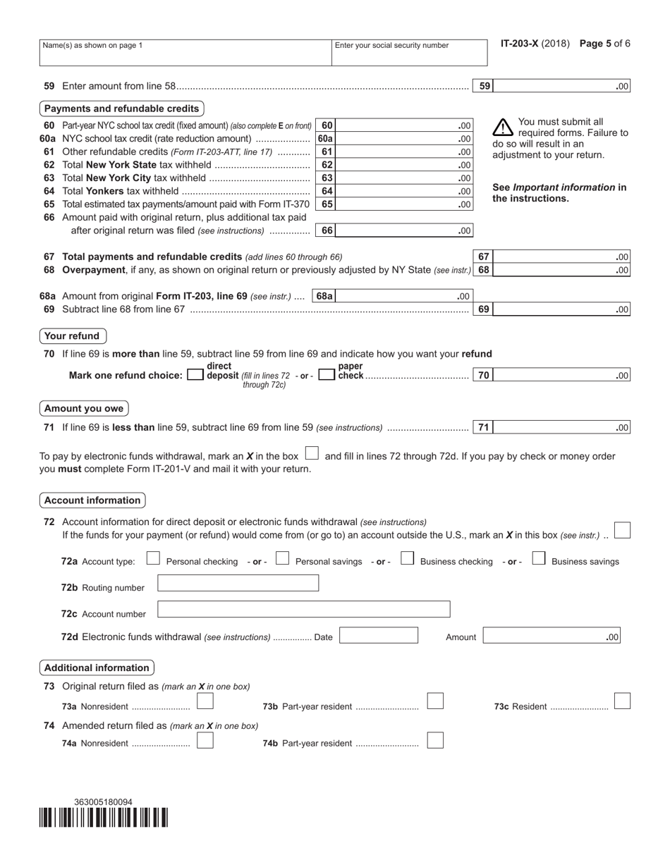 Form IT-203-X Amended Nonresident and Part-Year Resident Income Tax Return - New York, Page 5