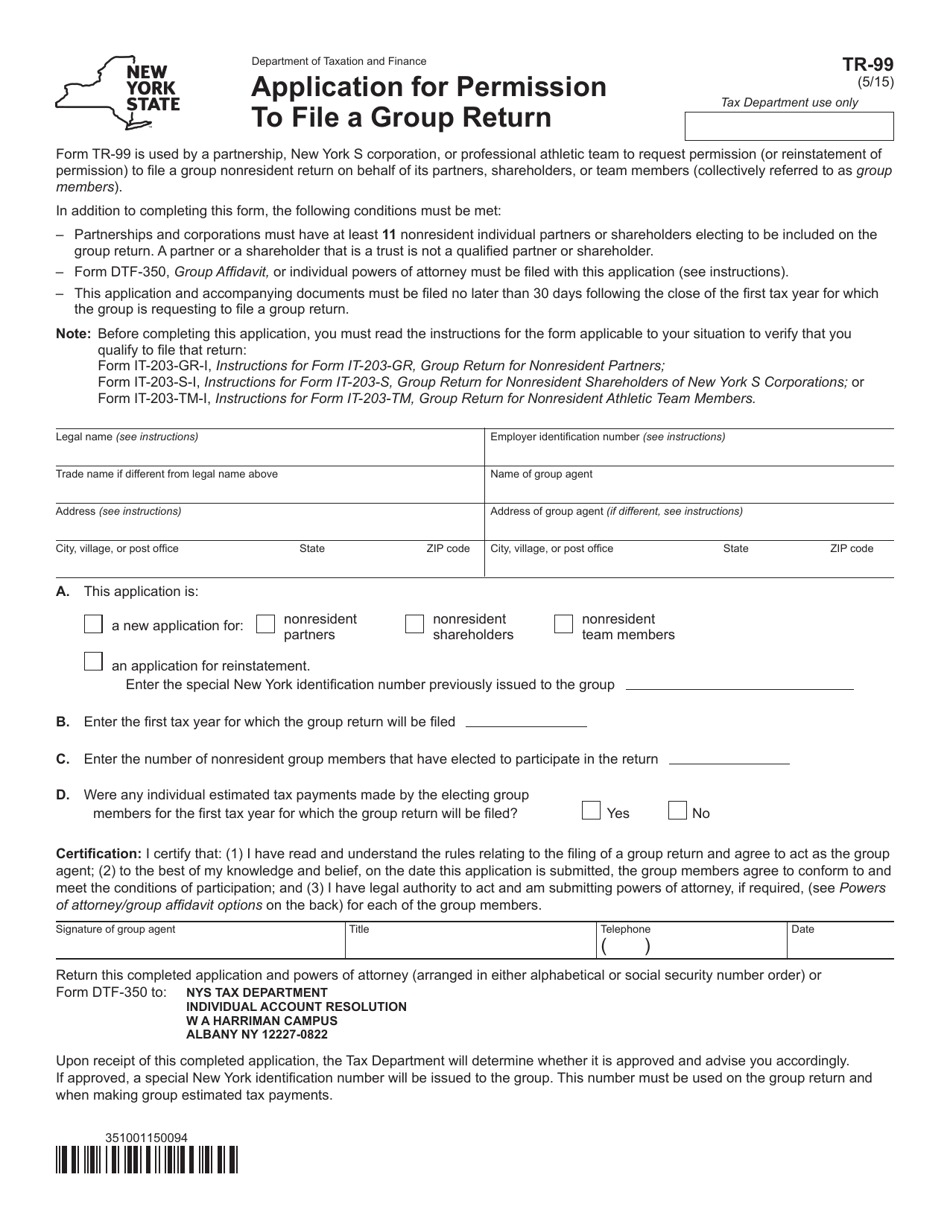 Form TR-99 Application for Permission to File a Group Return - New York, Page 1