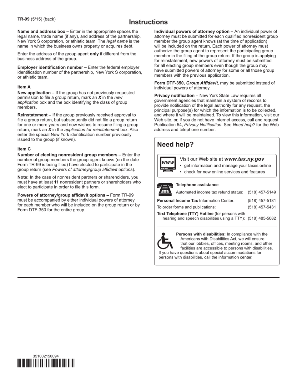 Form TR-99 Application for Permission to File a Group Return - New York, Page 2