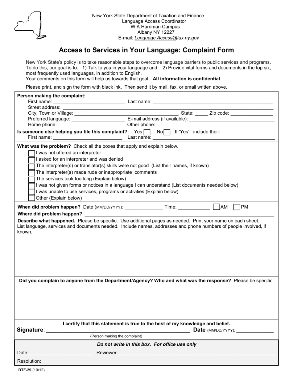 Form DTF-29 Access to Services in Your Language: Complaint Form - New York, Page 1