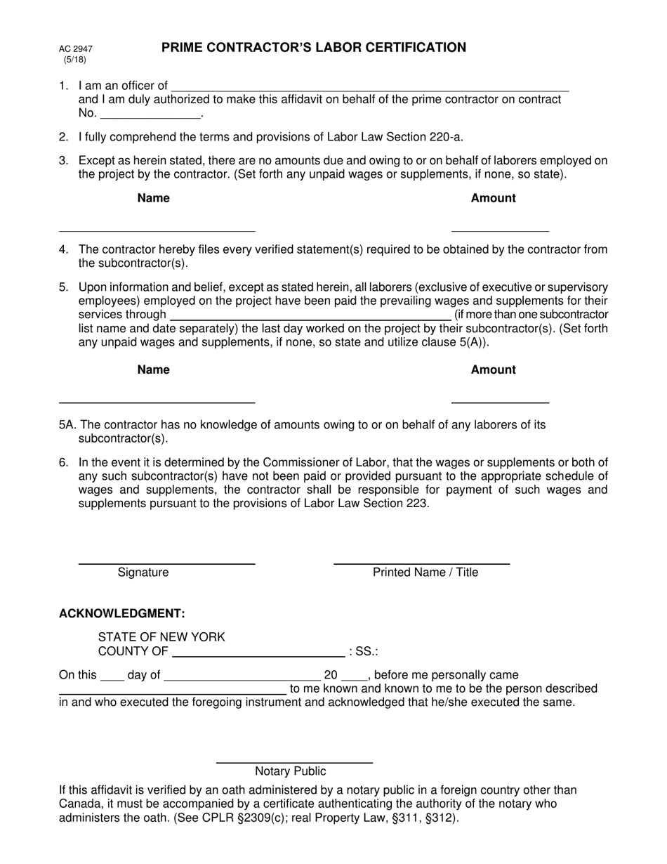 Form AC2947 Prime Contractors Labor Certification - New York, Page 1