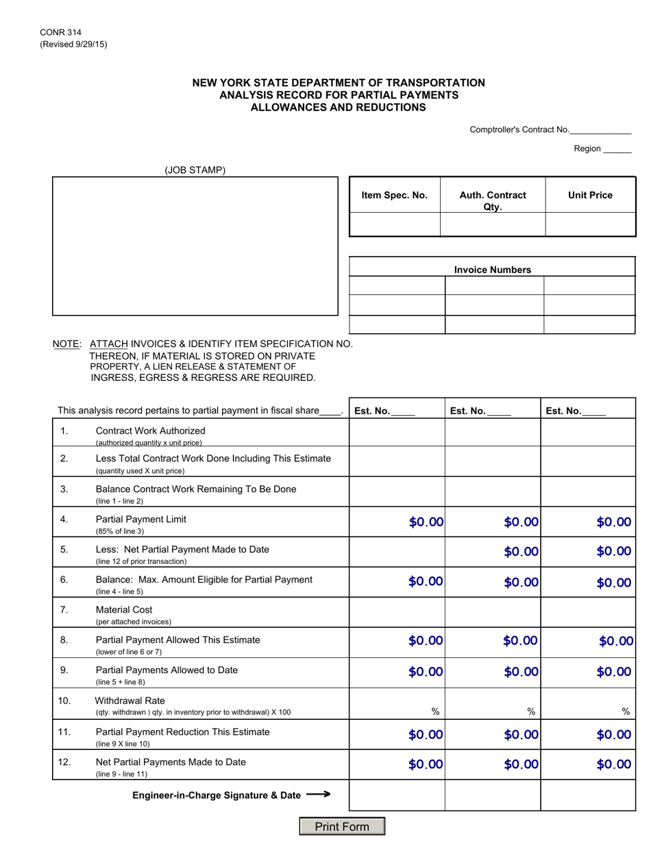 Form CONR314 Analysis Record for Partial Payments Allowances and Reductions - New York, Page 1