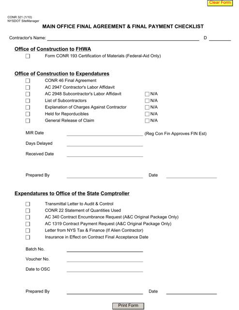 Form CONR321 Main Office Final Agreement &amp; Final Payment Checklist - New York