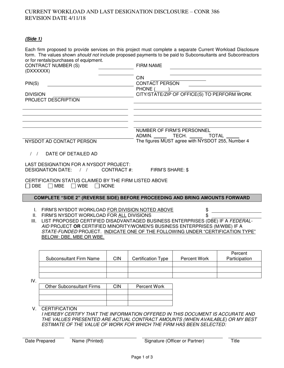 Form CONR386 Current Workload and Last Designation Disclosure - New York, Page 1