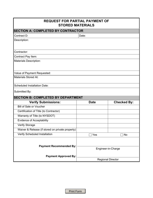 Form CONR523 Request for Partial Payment of Stored Materials - New York