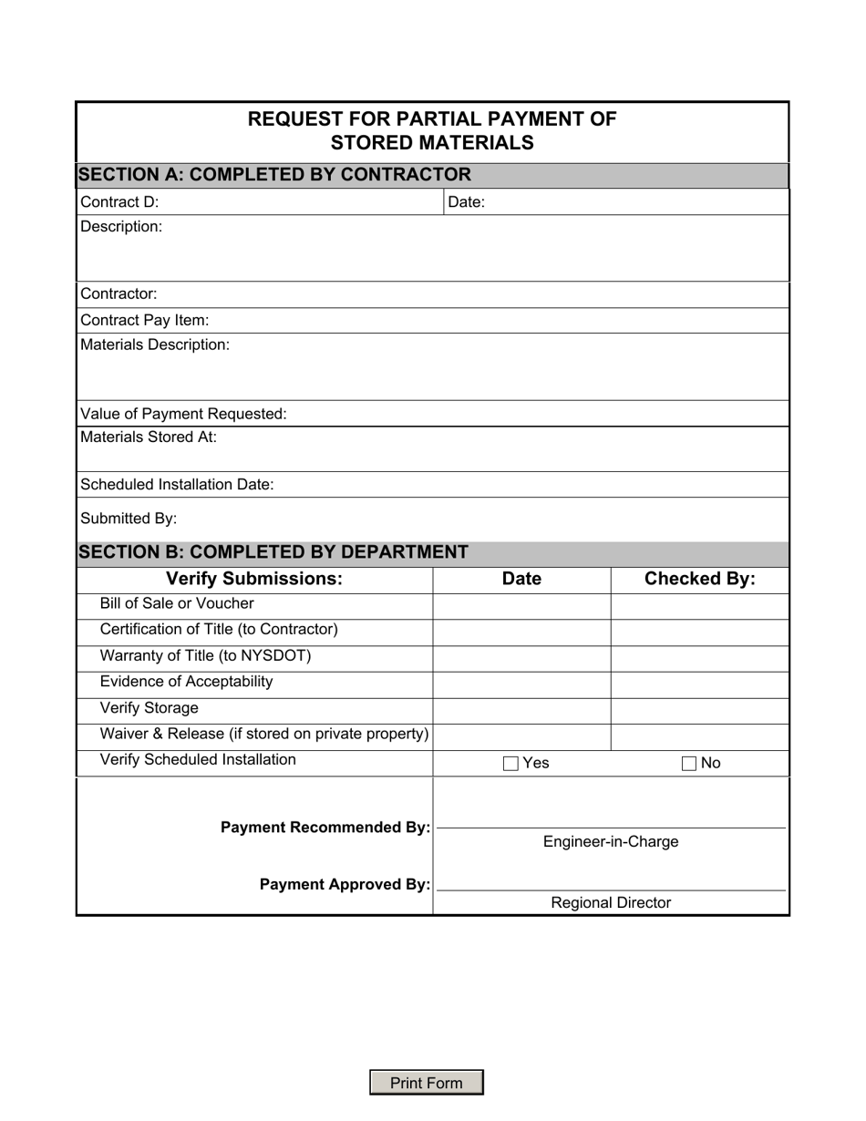 Form CONR523 Request for Partial Payment of Stored Materials - New York, Page 1