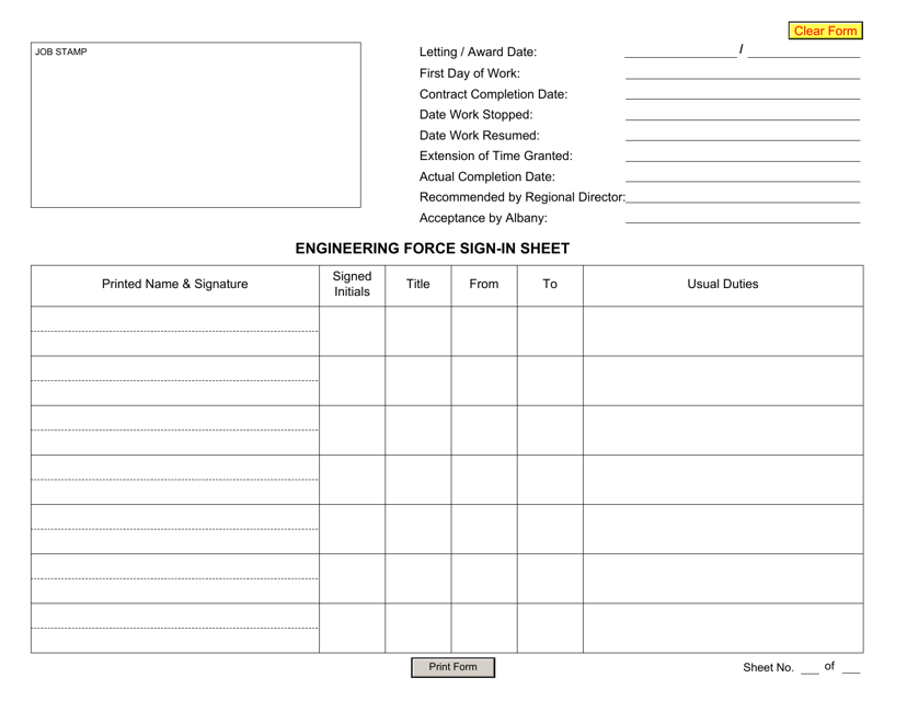 Form CONR537 Engineering Force Sign-In Sheet - New York