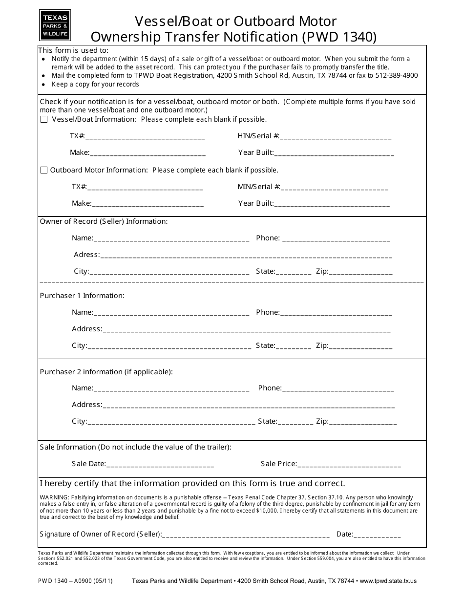 Form PWD1340 Vessel / Boat or Outboard Motor Ownership Transfer Notification - Texas, Page 1
