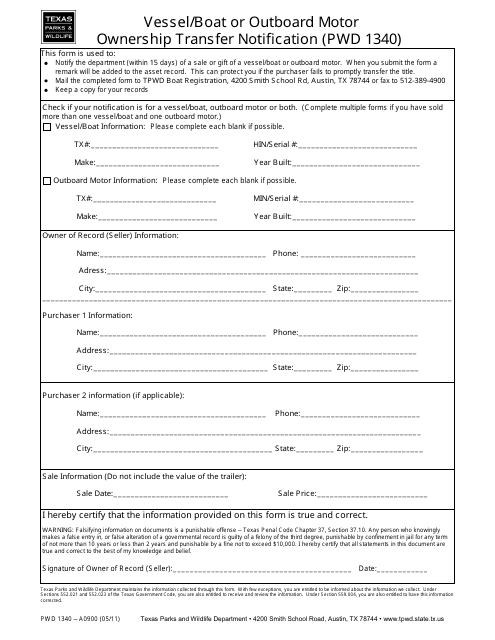 Form PWD1340 Vessel/Boat or Outboard Motor Ownership Transfer Notification - Texas