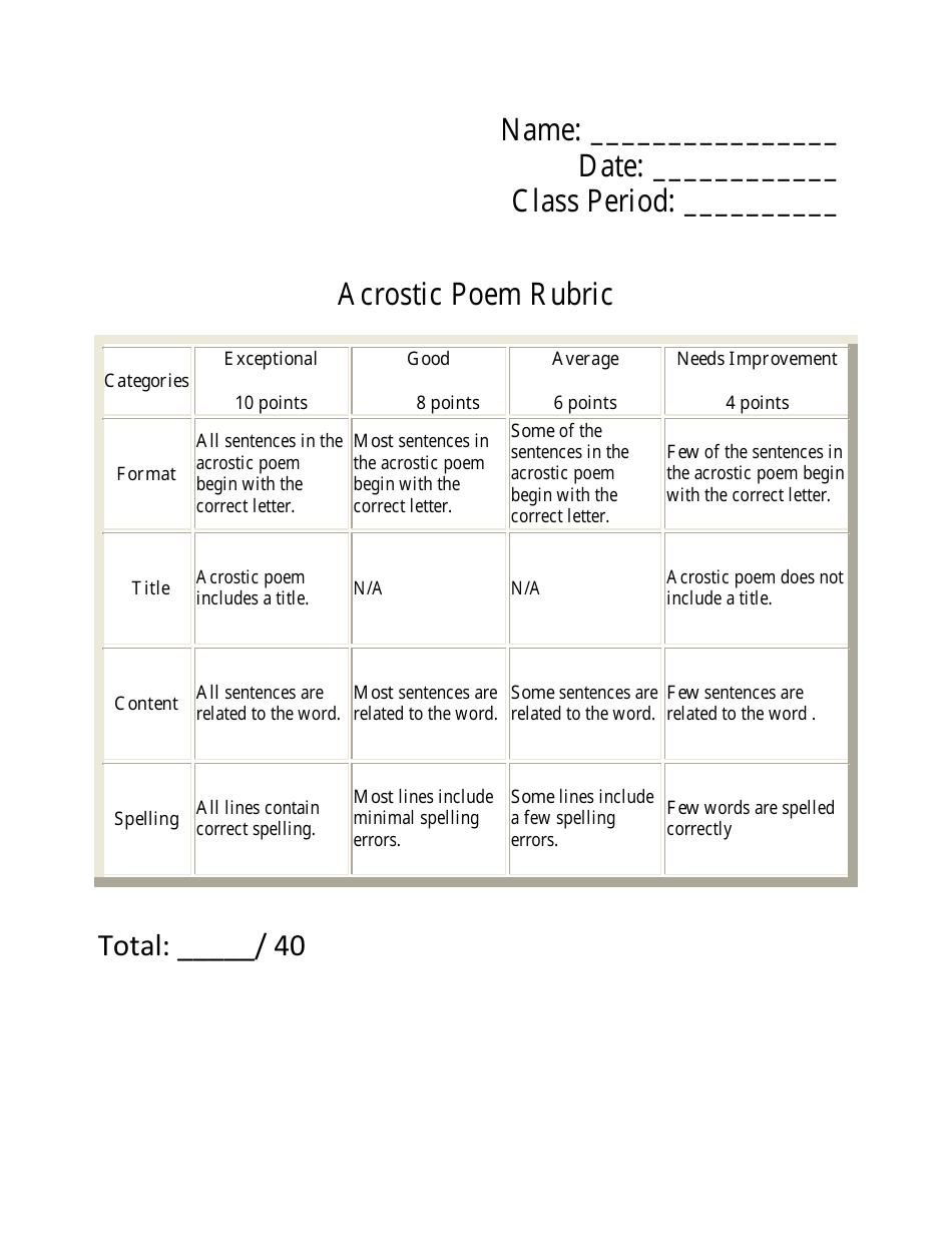 Acrostic Poem Rubric Template Download Printable Pdf Templateroller