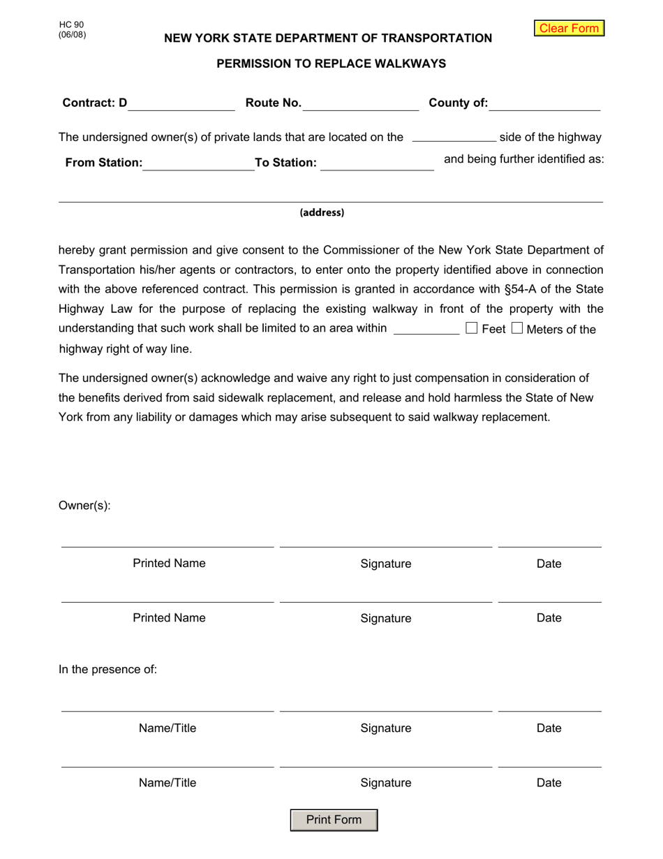 Form HC90 Permission to Replace Walkways - New York, Page 1