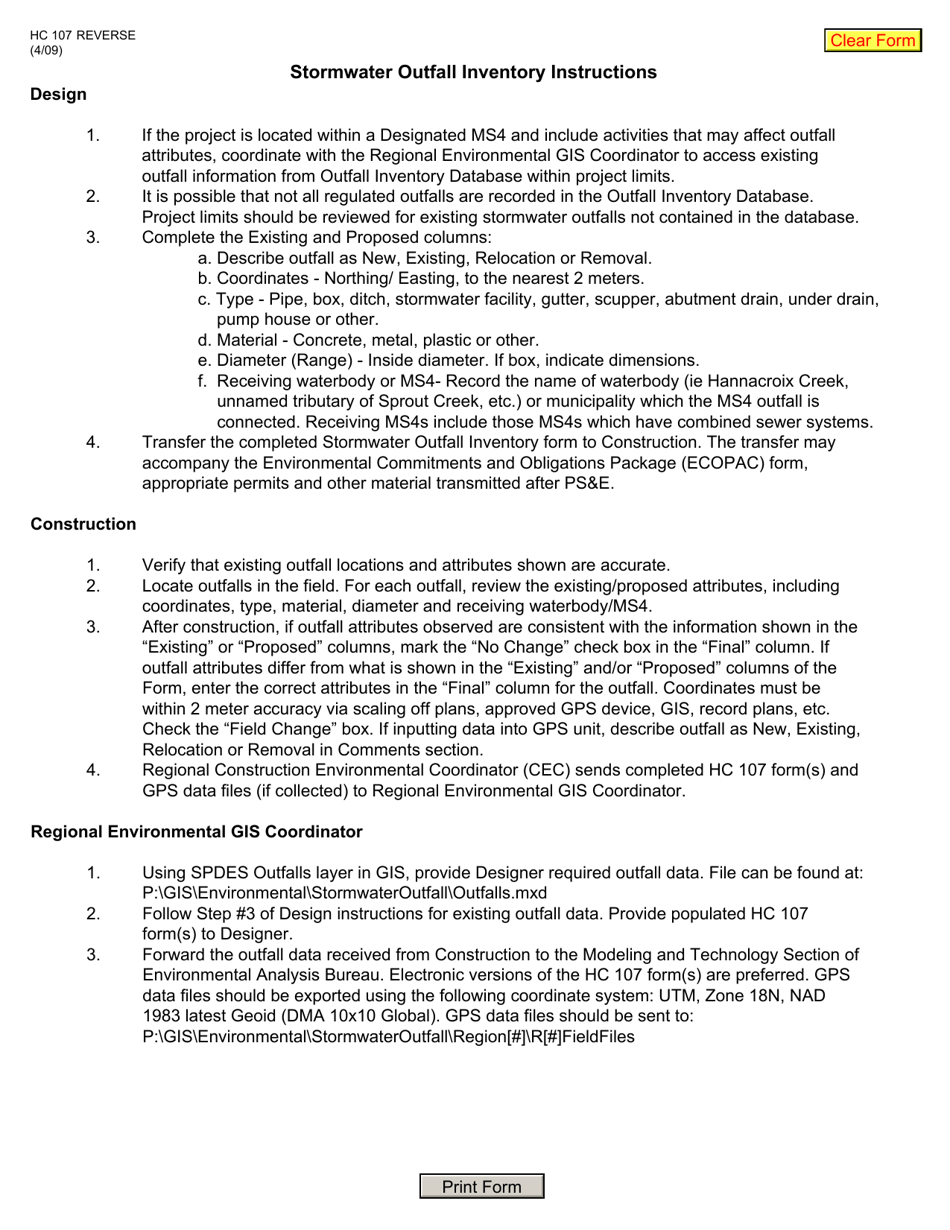 Form HC107 Stormwater Outfall Inventory - New York, Page 2