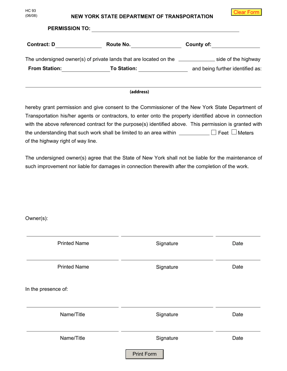 Form HC93 General Use Release - New York, Page 1