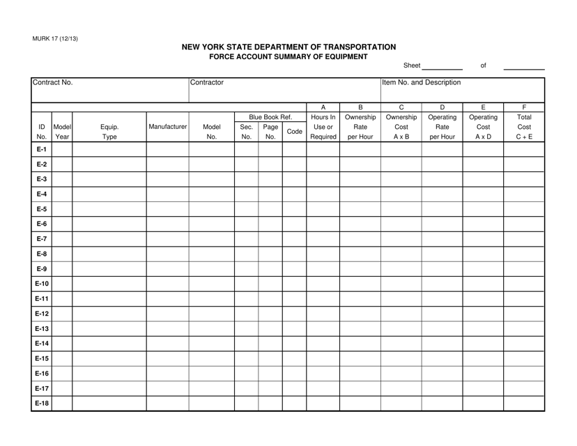 Form MURK17 Force Account Summary of Equipment - New York