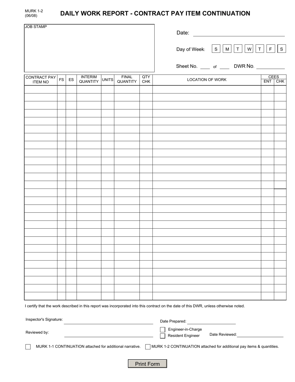 Form MURK1-2 Daily Work Report - Contract Pay Item Continuation - New York, Page 1