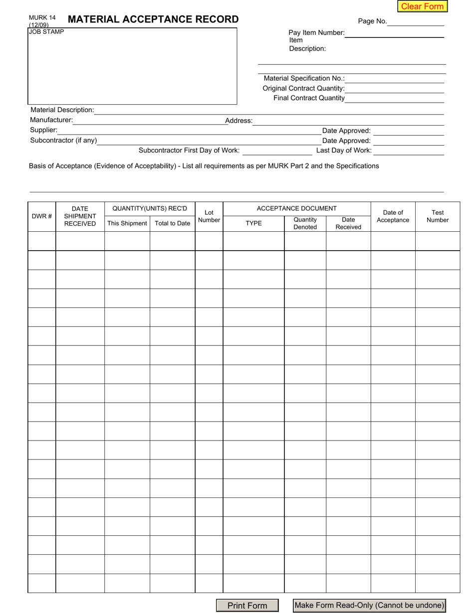 Form MURK14 Material Acceptance Record - New York, Page 1