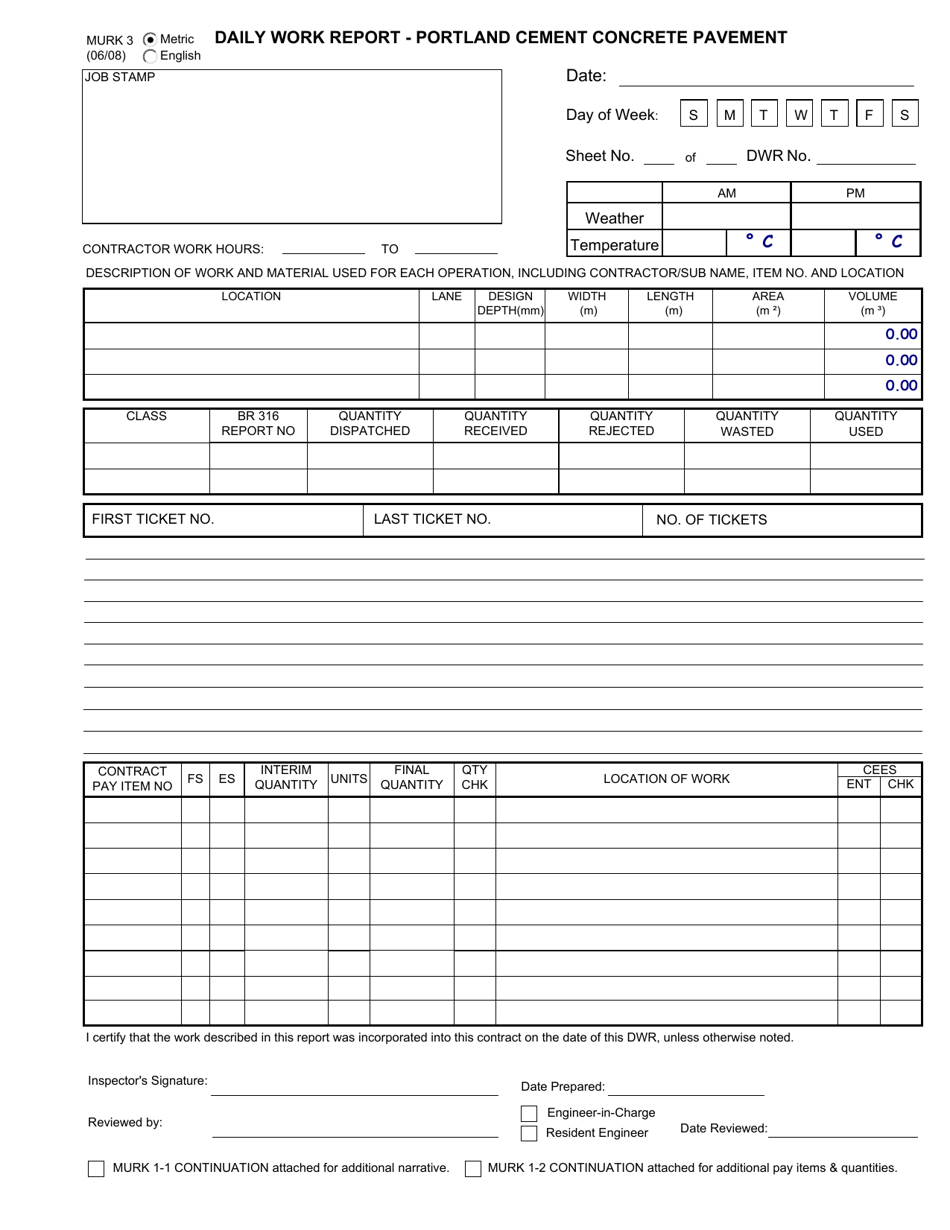 Form MURK3 Daily Work Report - Portland Cement Concrete Pavement - New York, Page 1