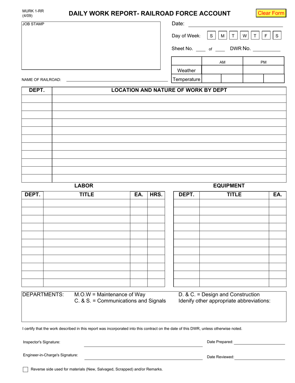 Form MURK1-RR Daily Work Report- Railroad Force Account - New York, Page 1