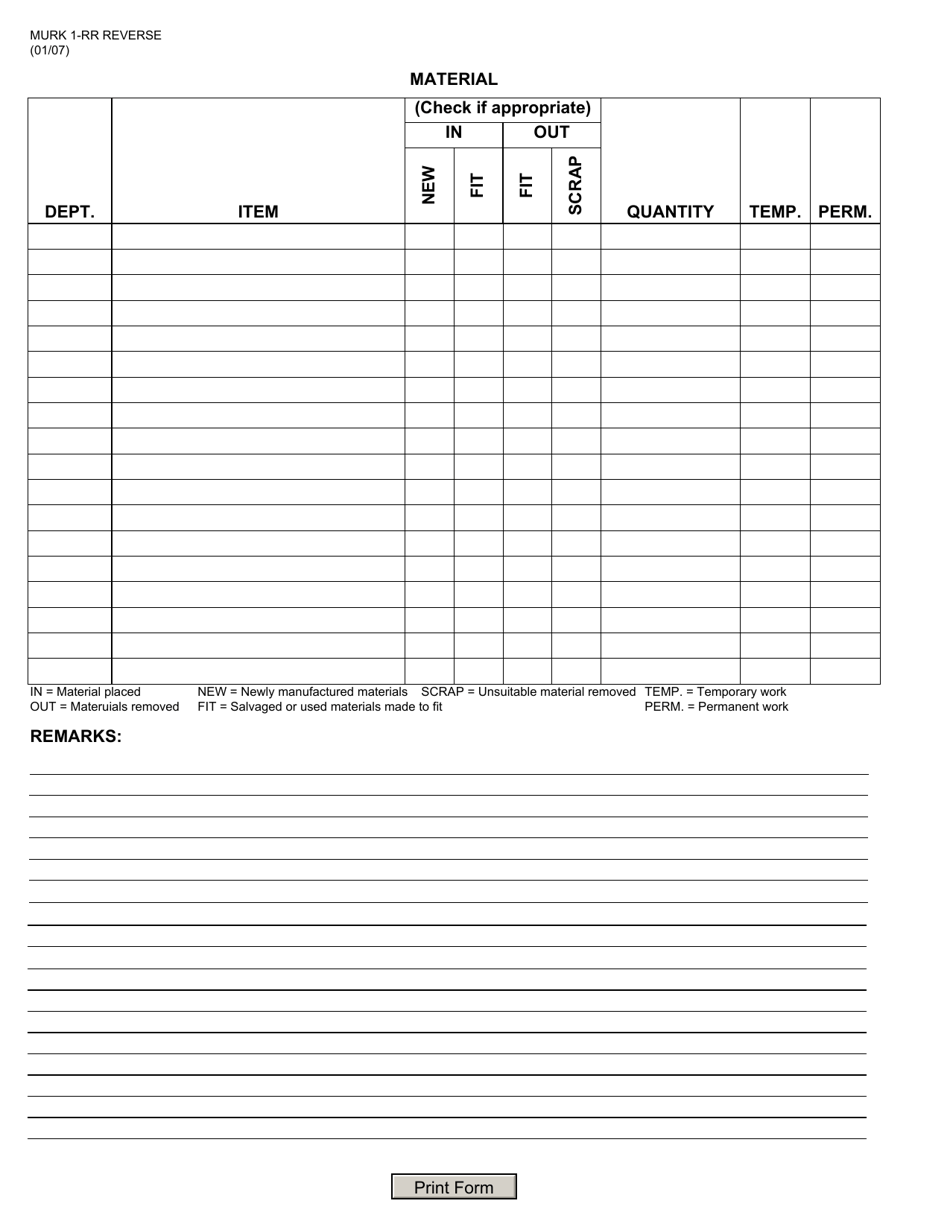 Form MURK1-RR Daily Work Report- Railroad Force Account - New York, Page 2