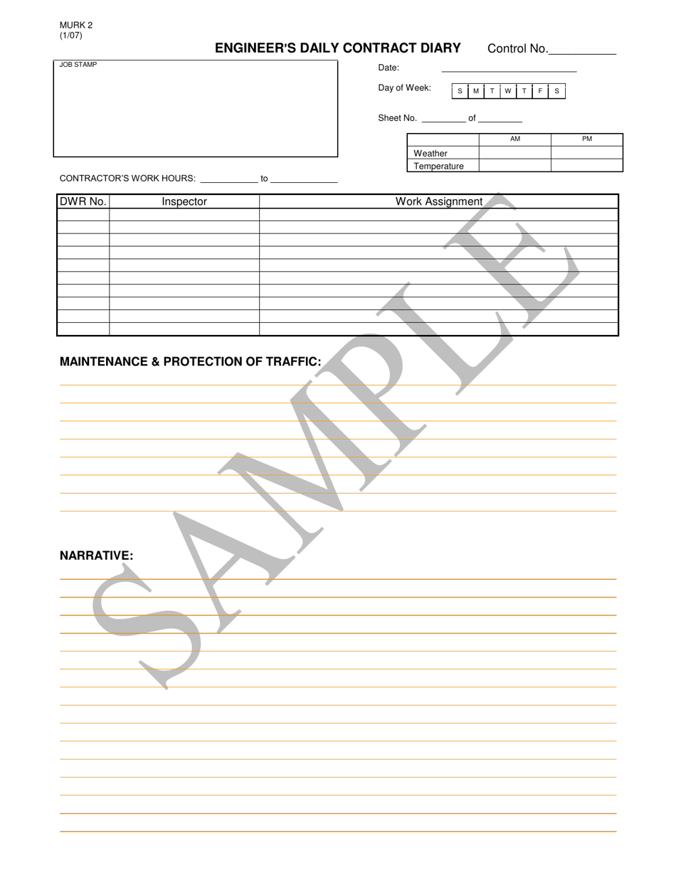 Sample Form MURK2 Engineer's Daily Contract Diary - New York, Page 1