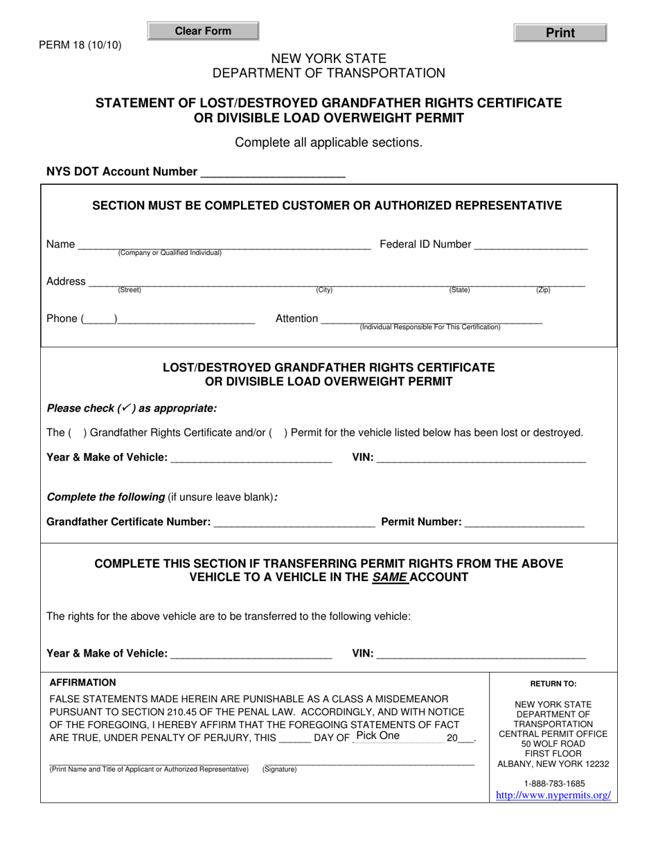 Form PERM18 Statement of Lost / Destroyed Grandfather Rights Certificate or Divisible Load Overweight Permit - New York, Page 1