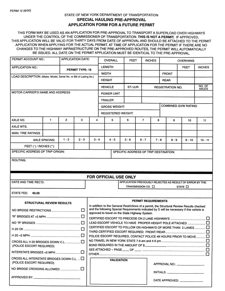 Form PERM12 Special Hauling Pre-approval Application Form for a Future Permit - New York, Page 1