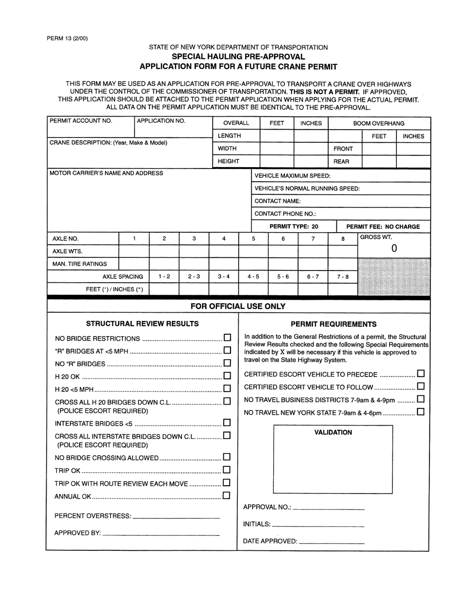 Form PERM13 Special Hauling Pre-approval Application Form for a Future Crane Permit - New York, Page 1