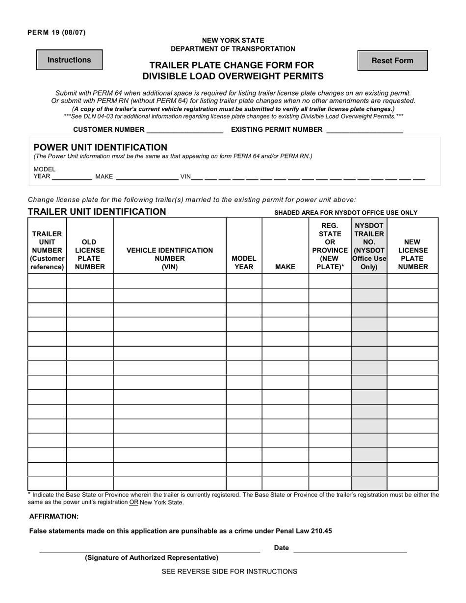 Form PERM19 Trailer Plate Change Form for Divisible Load Overweight Permits - New York, Page 1