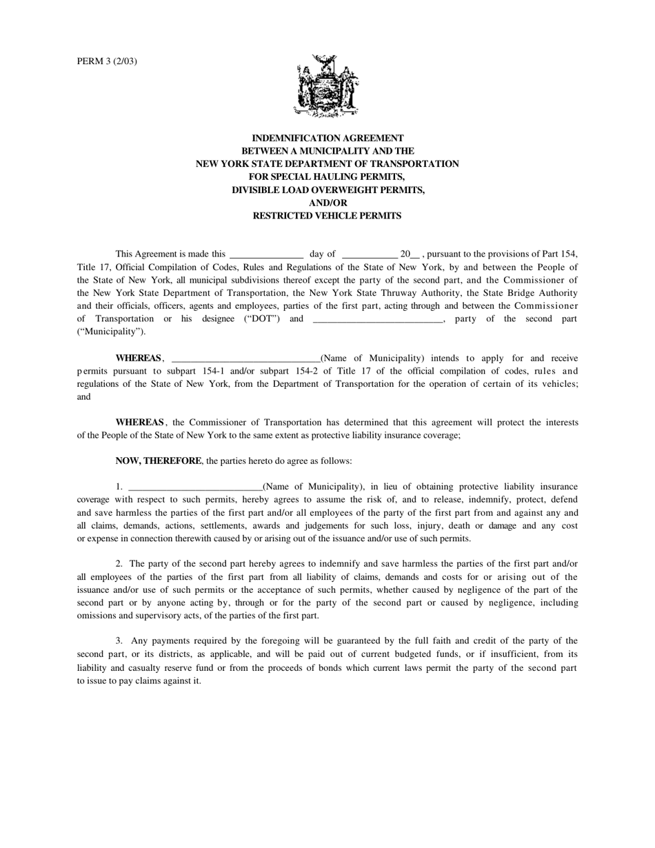 Form PERM3 Indemnification Agreement Between Municipality and NYS Dot - New York, Page 1