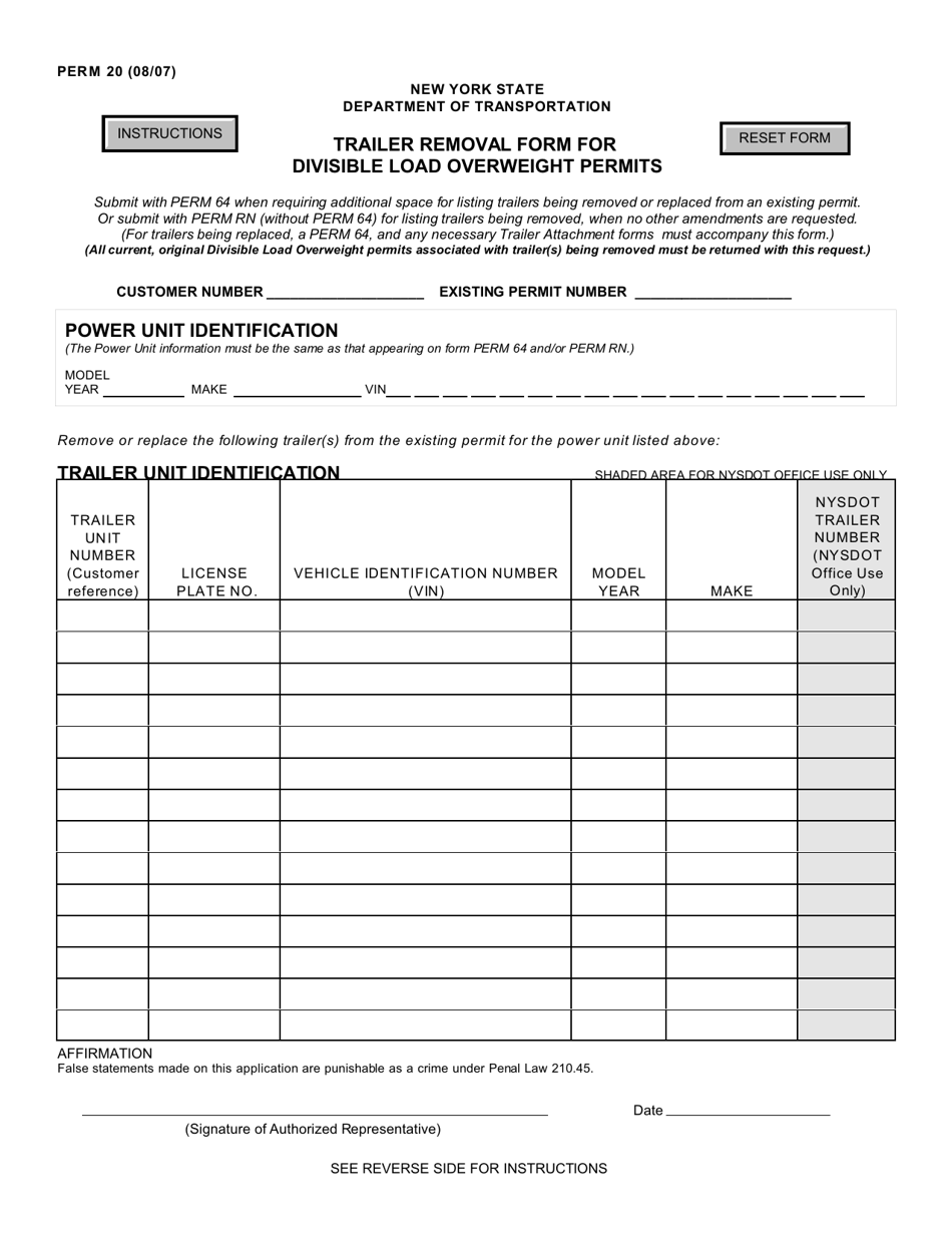 Form PERM20 Trailer Removal Form for Divisible Load Overweight Permits - New York, Page 1
