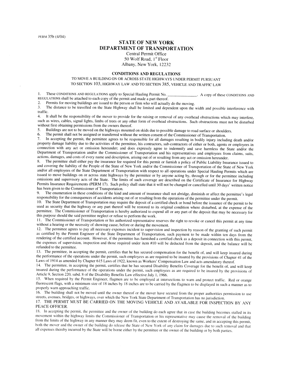 Form PERM35B Attachment for Building Move Permit Describing Conditions and Regulations for the Move - New York, Page 1