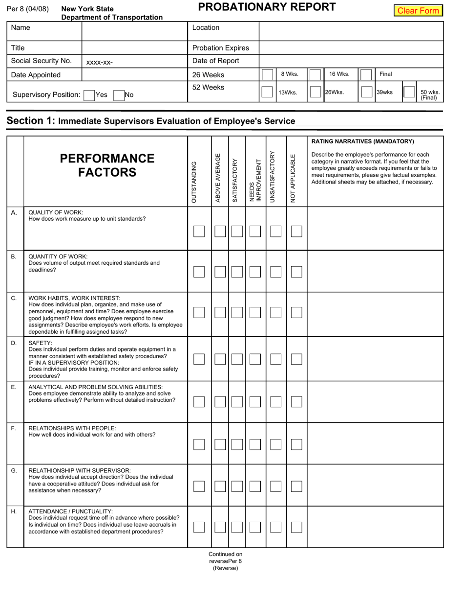 Form PER8 Personnel Probationary Report - New York, Page 1