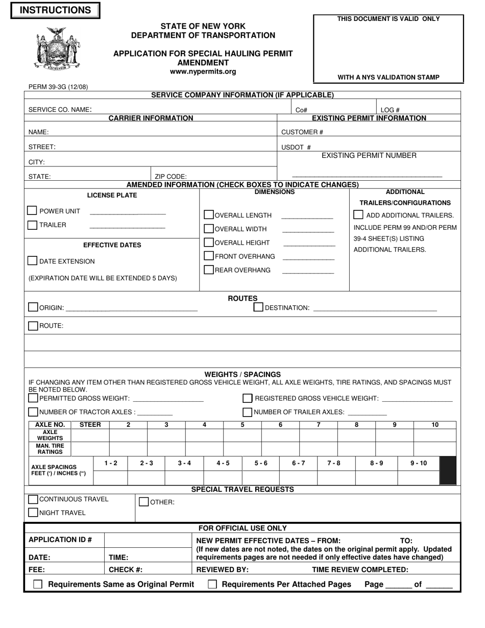 Form PERM39-3G Application for Special Hauling Permit Amendment - New York, Page 1