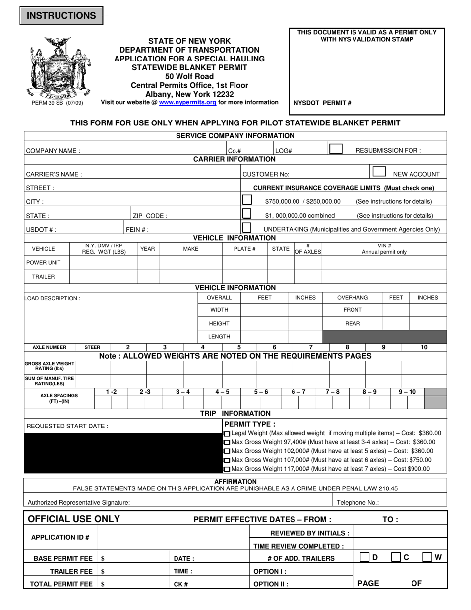 Form PERM39 SB Application for a Special Hauling Statewide Blanket Permit - New York, Page 1