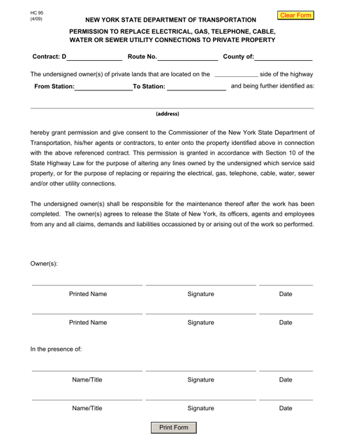 Form HC95 Permission to Replace Electrical, Gas, Telephone, Cable, Water or Sewer Utility Connections to Private Property - New York