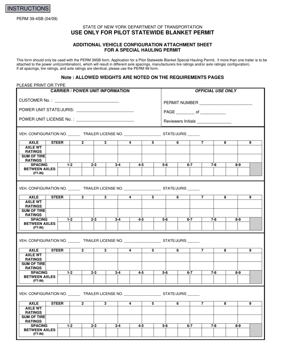 Form PERM39-4SB Additional Vehicle Configuration Attachment Sheet for a Special Hauling Permit - New York, Page 1