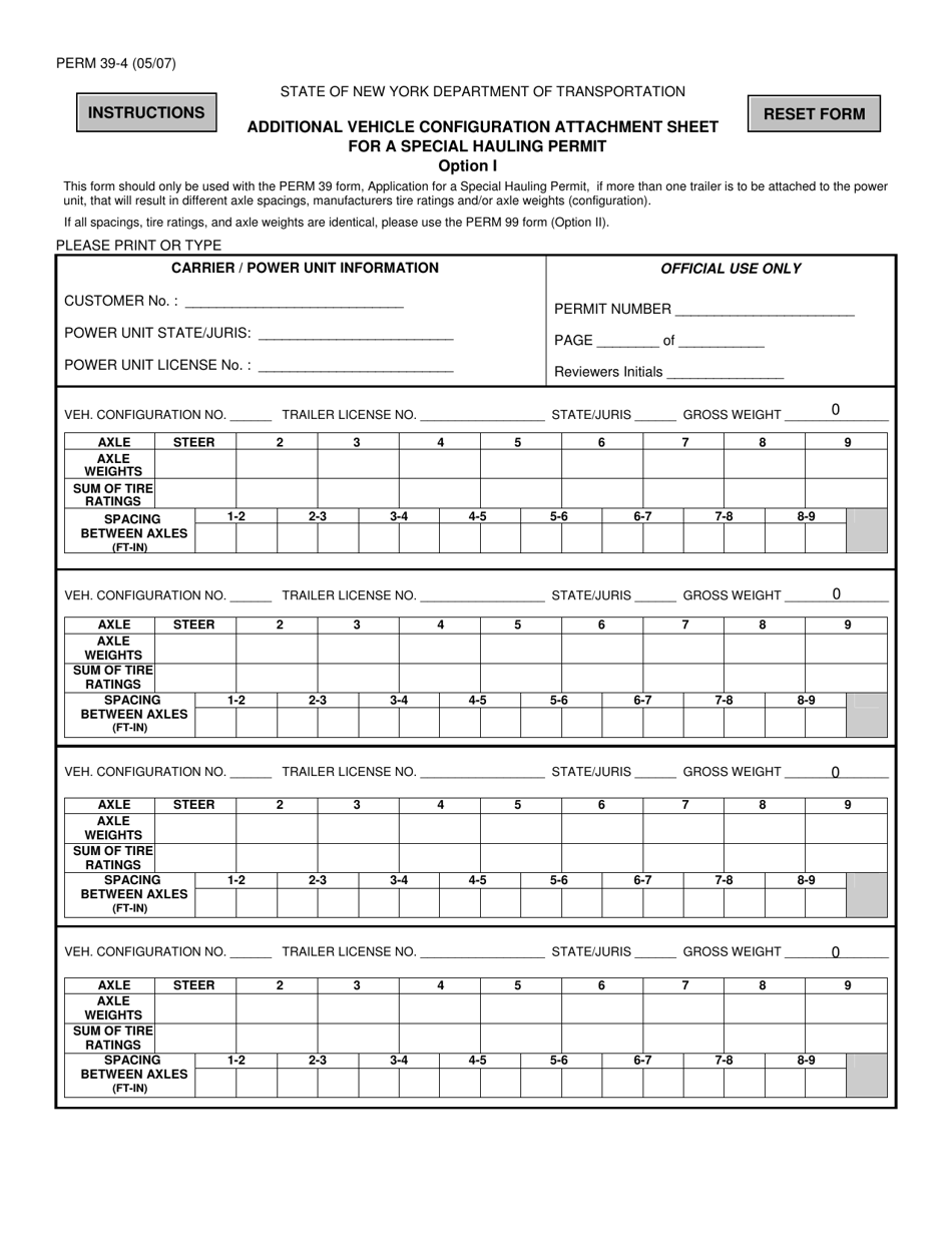 Form PERM39-4 Additional Vehicle Configuration Attachment Sheet for a Special Hauling Permit - New York, Page 1