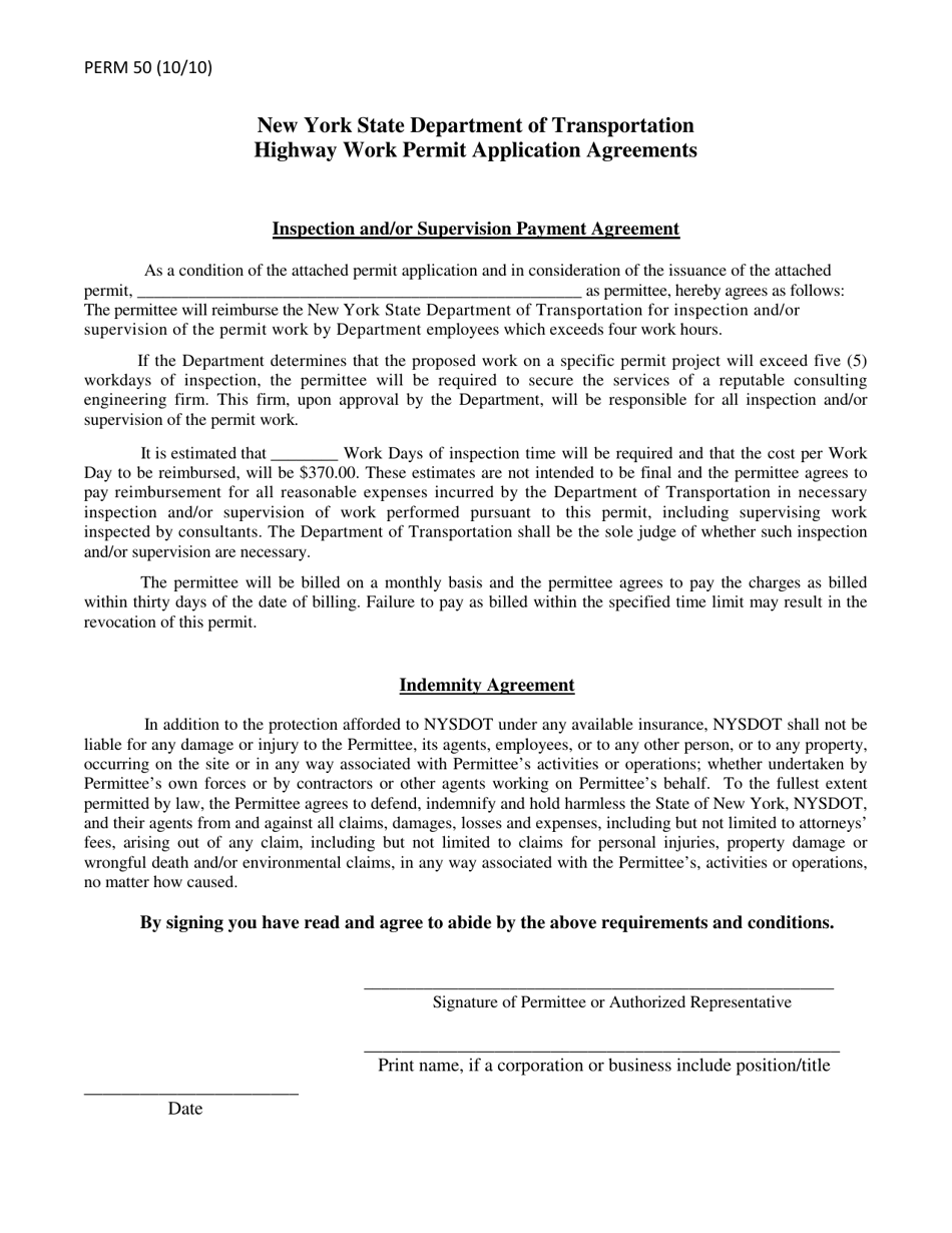 Form PERM50 Highway Work Permit Application Agreements - New York, Page 1