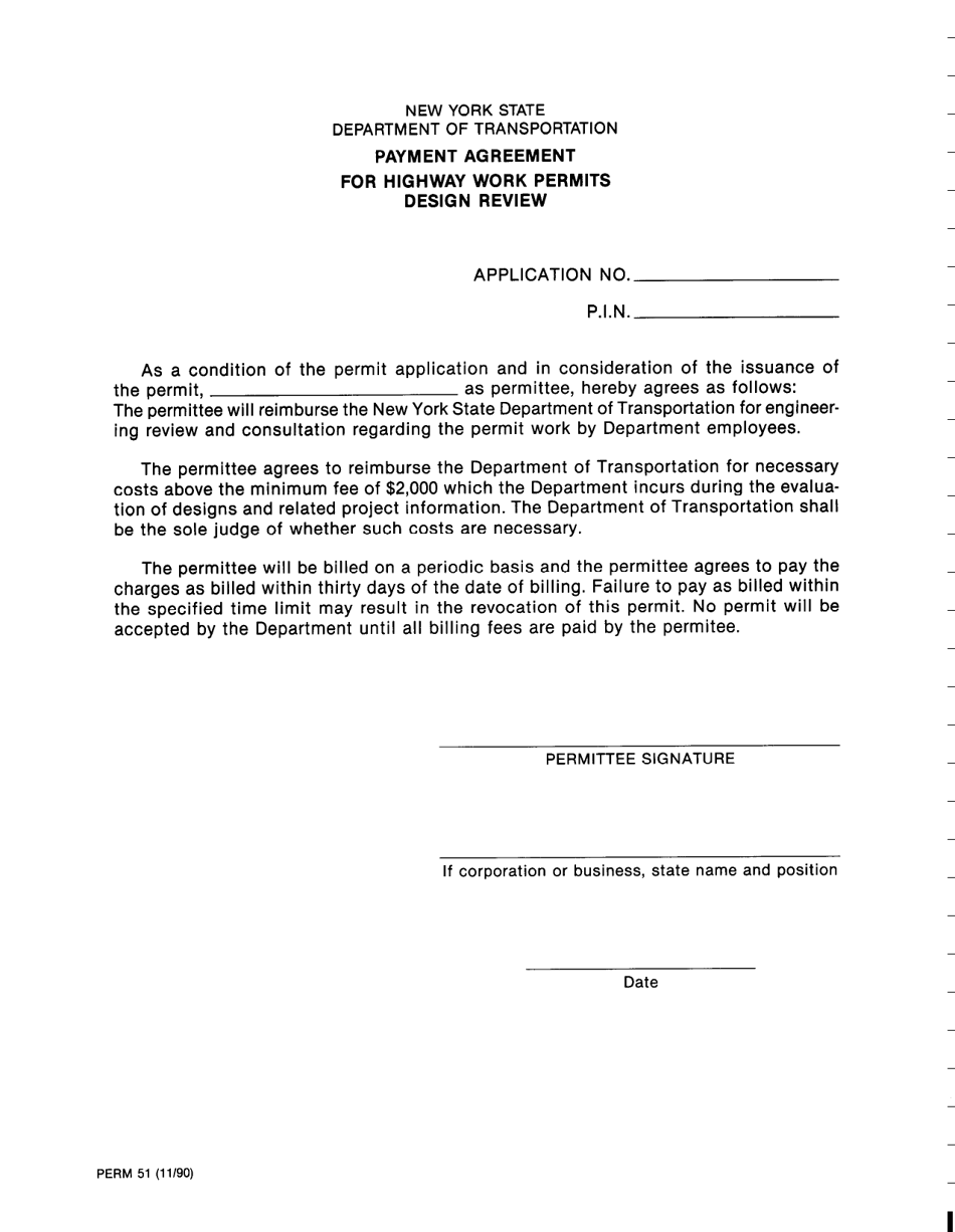 Form PERM51 Payment Agreement for Highway Work Permits Design Review - New York, Page 1