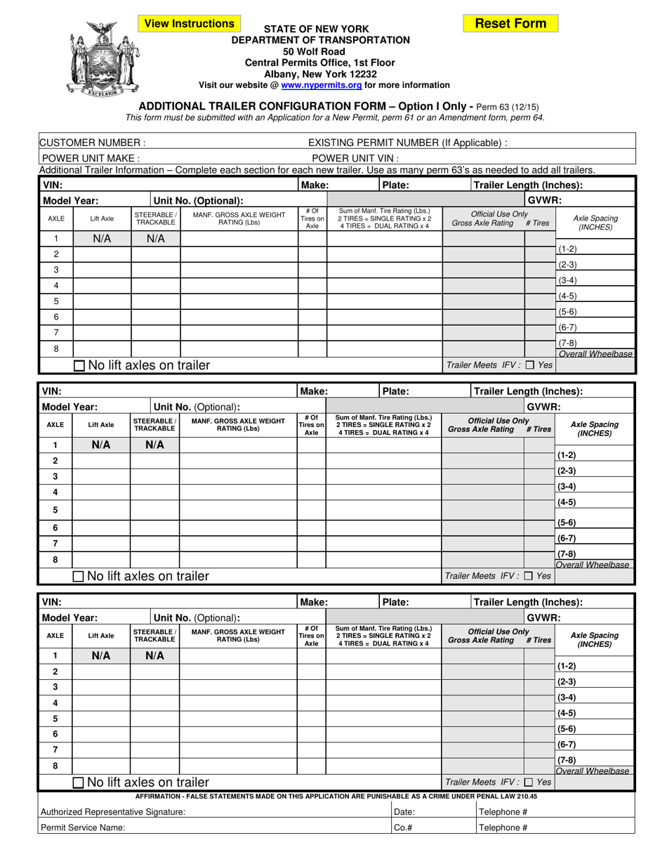 Form PERM63 Additional Trailer Configuration Form - New York, Page 1