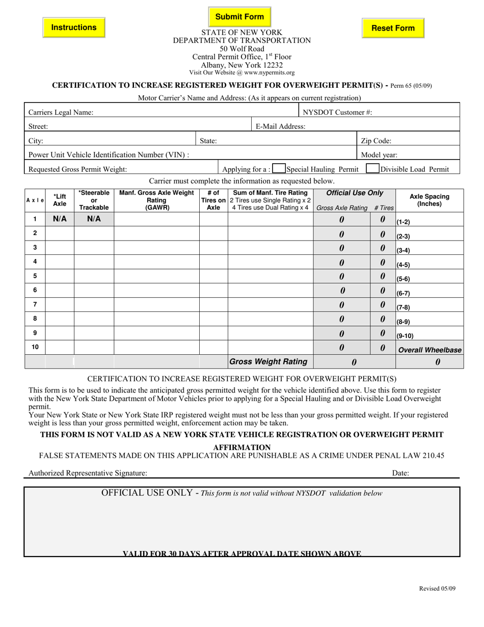 Form PERM65 Certification to Increase Registered Weight for Overweight Permit(S) - New York, Page 1