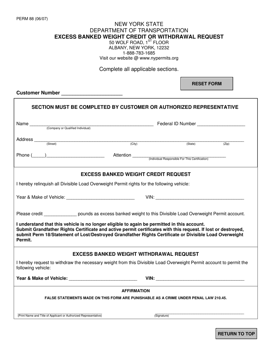Form PERM88 Excess Banked Weight Credit or Withdrawal Request - New York, Page 1