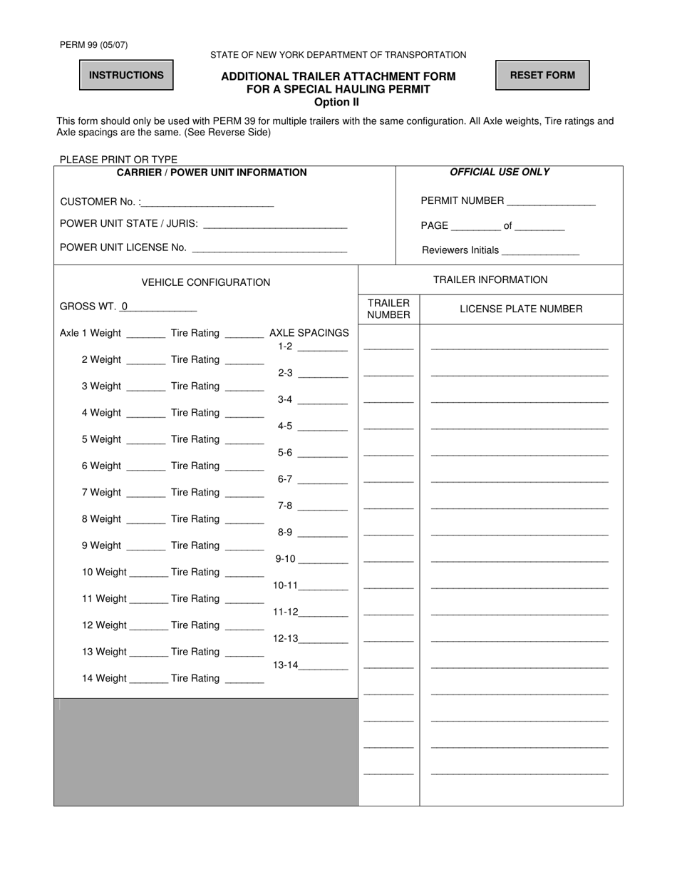 Form PERM99 Additional Trailer Attachment Form for a Special Hauling Permit - New York, Page 1